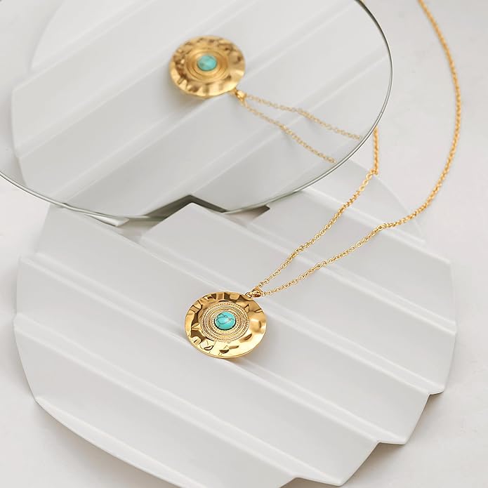 CANEVINKA 18K Gold Plate Coin Pendant Necklace for Women Dainty Compass Sunflower Necklaces Personalized Chain Layered Jewelry