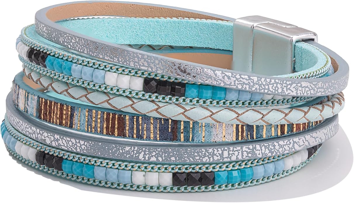 FANCY SHINY Boho Leather Wrap Bracelets Trendy Layered Bracelets with Magnetic Clasp Strackable Bohemian Jewelry Gifts for Women