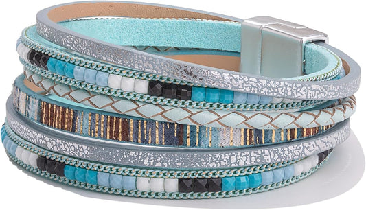 FANCY SHINY Boho Leather Wrap Bracelets Trendy Layered Bracelets with Magnetic Clasp Strackable Bohemian Jewelry Gifts for Women
