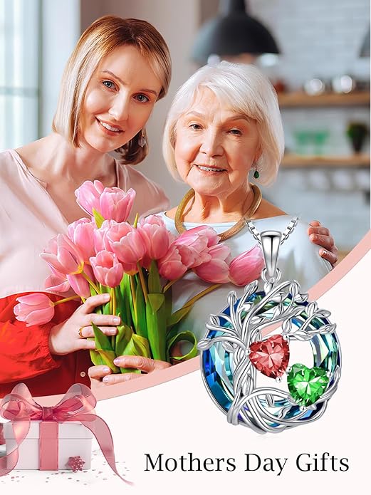 TOUPOP s925 Sterling Silver Family Celtic Tree of Life Pendant Necklaces with 2 Heart Birthstone with Blue Austrian Crystal Jewelry Birthday Anniversary Christmas Gifts for Her Wife Girlfriend Mom (18K Real White Gold Filled)