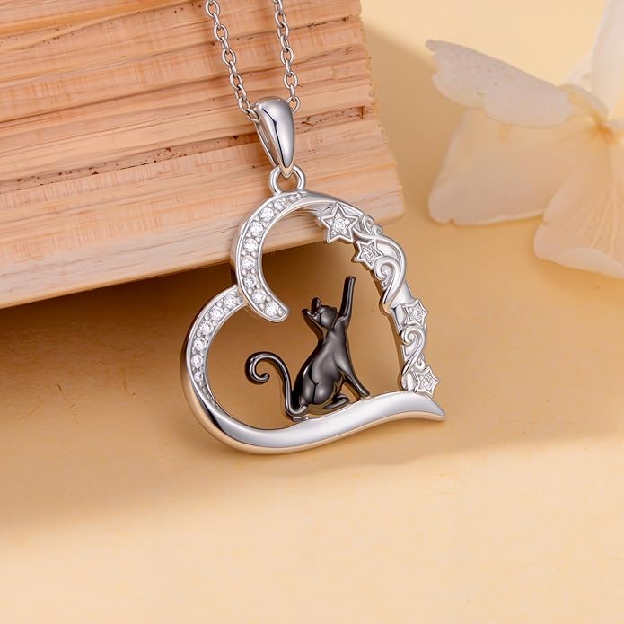 Cat Gifts for Women 925 Sterling Silver Heart Moon Cat Necklace Pendant Women Jewelry Halloween Christmas Gifts