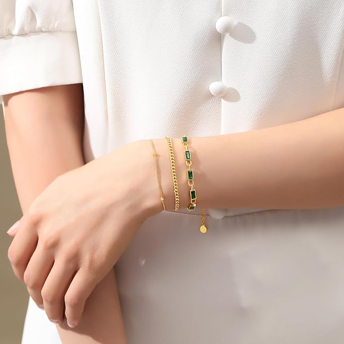 Gold Birthstone Bracelet for Women, 18K Gold Plated Layered Jewelry Bracelet Set, Women Dainty Stackable Bracelets Link Paperclip Chain Valentines Day Gift for Women