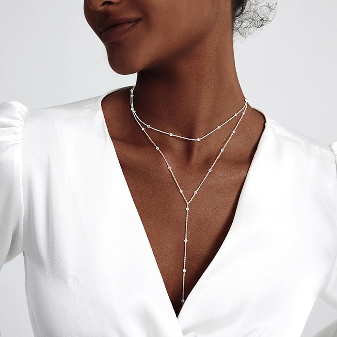 Zeffy Lariat Gold Necklace for Women, Dainty Long Necklace 14k Gold/Silver Plated Layered CZ Beaded Bar Chain Y-Shaped Body Chain Stack Drop Wedding Necklace Trendy Simple Gold Jewelry Gifts