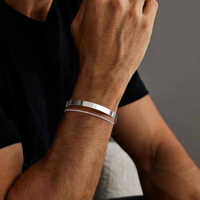 Moodear Stackable Bracelets for Men - Dainty 925 Sterling Silver/14K Gold Plated Cuff Snake Box Cuban Link Chain Bangle Bracelet Set Mens Jewelry