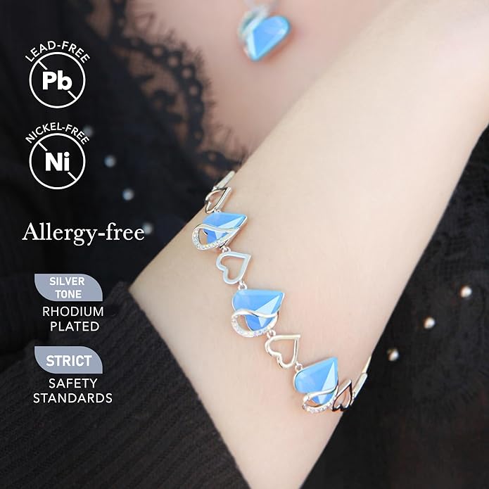 Leafael Infinity Love Heart Link Bracelets, Birthstone or Healing Stone Crystal Bracelet for Women, Silver Tone Jewelry Gifts for Her, 7-inch Chain and 2-inch Extender