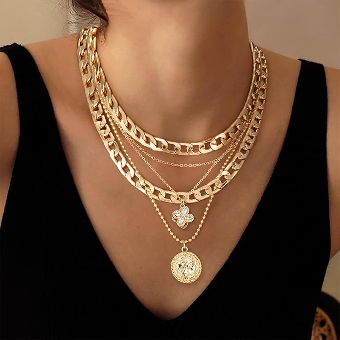 MJartoria Layered Necklaces for Women Trendy Retro Coin Pendant Necklace Dainty Chunky Chain Choker Necklaces for Jewelry Birthday Gifts