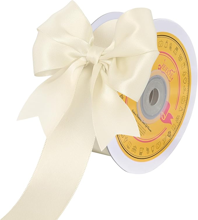 LEEQE Double Face Ivory Satin Ribbon 1-1/2 inch X 25 Yards Polyester Ivory Ribbon for Gift Wrapping Very Suitable for Weddings Party Hair Bow Invitation Decorations and More