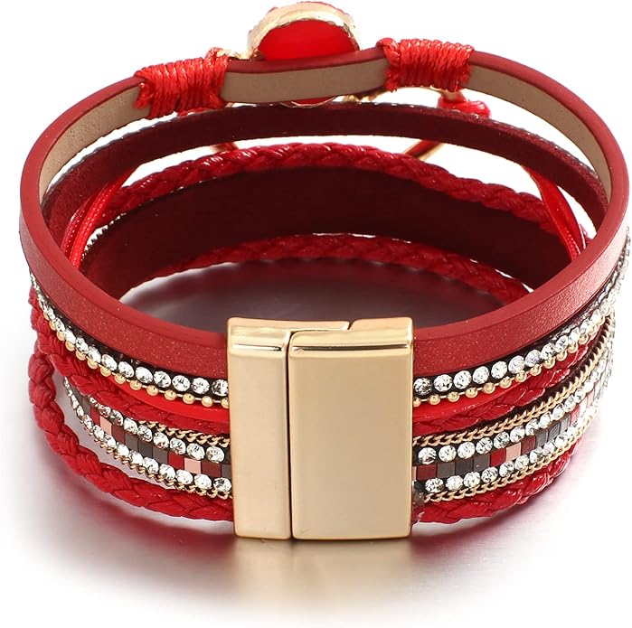 Leather Wrap Bracelet for Women Beaded Cuff Bracelet with Heart-shape Decor Bohemian Crystal Bracelet Jewelry with Clasp Bangle Bracelet for Women Girls Birthday Holiday Gift