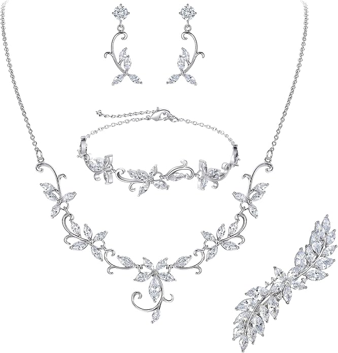 Crysdue Flower Leaf Wedding Jewelry Set for Bridal Bridemaid, Cubic Zirconia Teardrop Elegant Silver/14K/Rose Gold Plated Vine Necklace Dangle Earrings for Prom Party