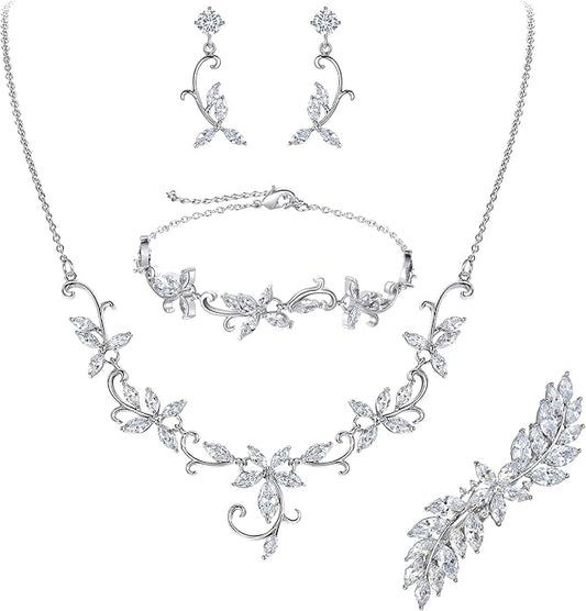 Crysdue Flower Leaf Wedding Jewelry Set for Bridal Bridemaid, Cubic Zirconia Teardrop Elegant Silver/14K/Rose Gold Plated Vine Necklace Dangle Earrings for Prom Party