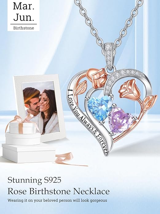 Zeuslia Double Birthstone Necklace Gifts for Wife - 925 Sterling Silver Sunflower/Rose/Crown Cross/Compass/Heart Pendant I Love You Necklace, Anniversary Birthday Gifts for Wife Girlfriend Mom Her