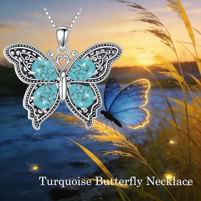 Turquoise Butterfly Necklace for Women, Sterling Silver Vintage Filigree Dainty Pendant Boho Jewelry, Ideal Birthday Valentine's Gift