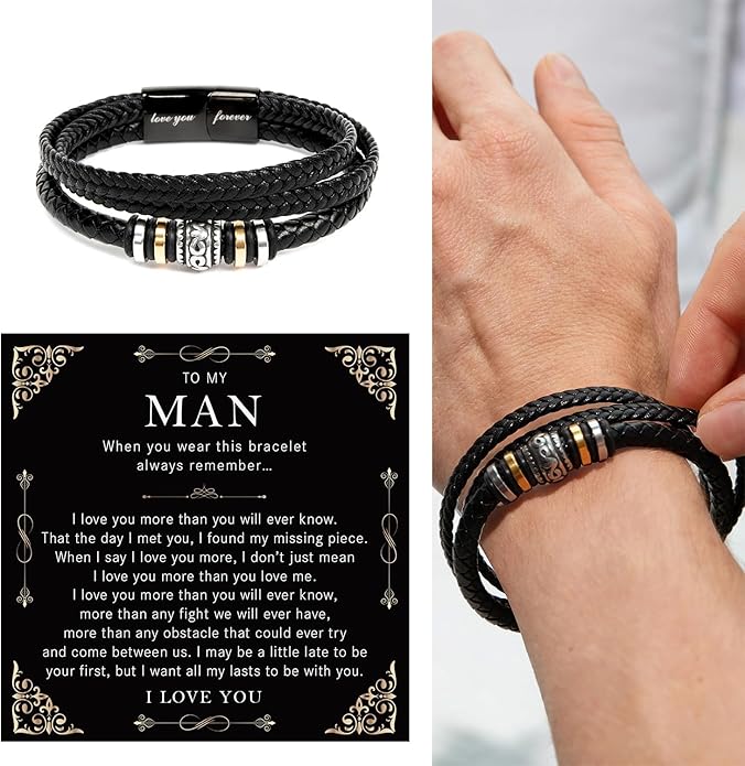 Mapileng To My Man – Braided Leather & Stainless Steel Bracelet with Heartfelt ‘Love You Forever’ - Elegant Gift Box Included, Gift from Girlfriend or Wife for Husband, Boyfriend, or Brother