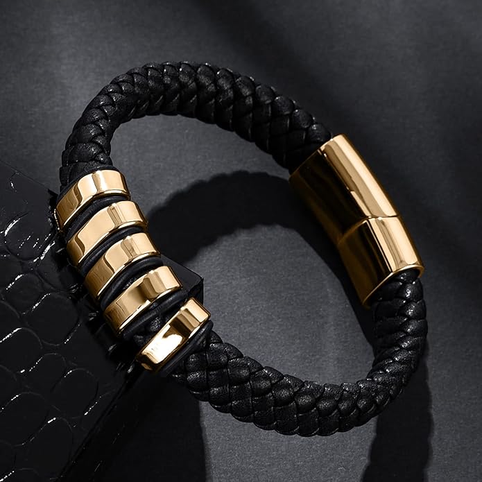 Leather Bracelet for Men Braided Cuff Wristband Stainless Steel Clasp in Silver and Gold Jewellery Gift