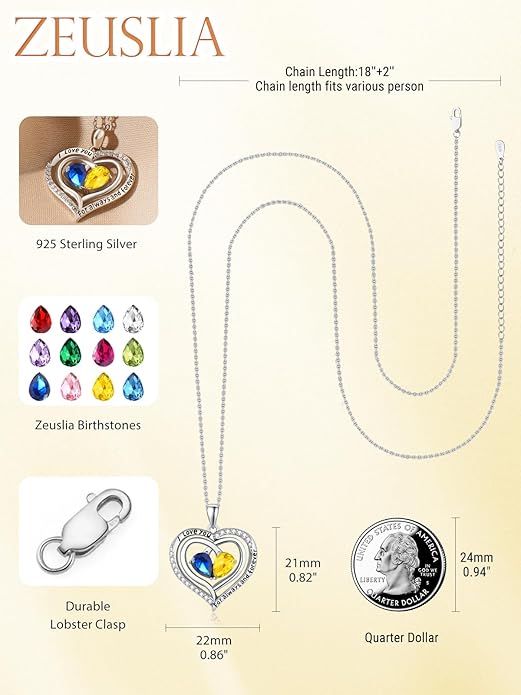 Zeuslia Double Birthstone Necklace Gifts for Wife - 925 Sterling Silver Sunflower/Rose/Crown Cross/Compass/Heart Pendant I Love You Necklace, Anniversary Birthday Gifts for Wife Girlfriend Mom Her