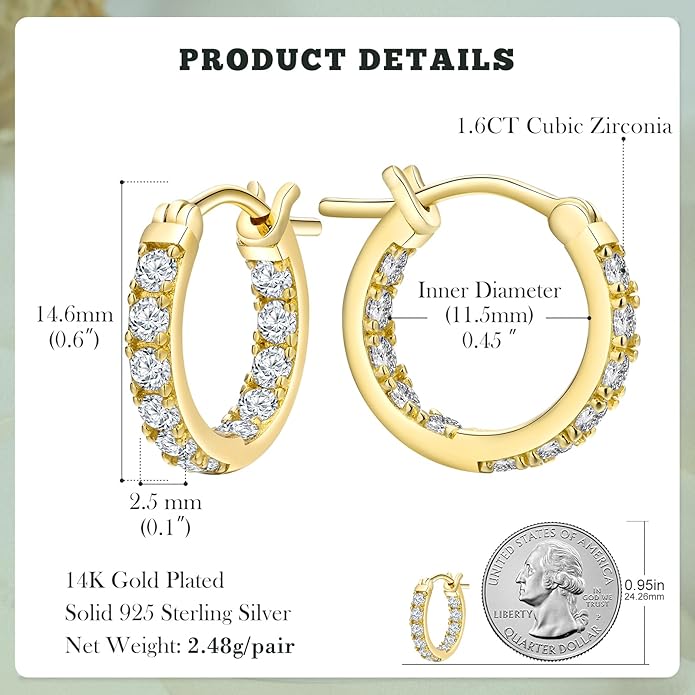 Yellow Gold Plated/925 Sterling Silver Sparkle Cubic Zirconia Hoop Earrings for Women fit Sensitive Ears 14mm/20mm/26mm Huggie/Medium/Large Hoops(with Gift Box)