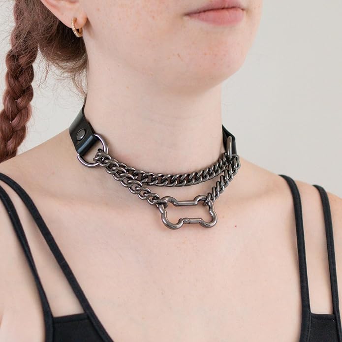 Black/Pink Leather Choker Collar For Women, Handmade Gothic Slip Chain Necklace with Bone Clasp