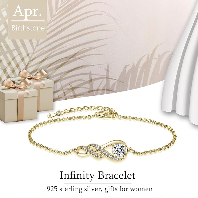 Birthstone Bracelets for Women 925 Sterling Silver Created Gemstone Bracelet Infinity Pendant Jewelry for Her, 6.7"+1.2"