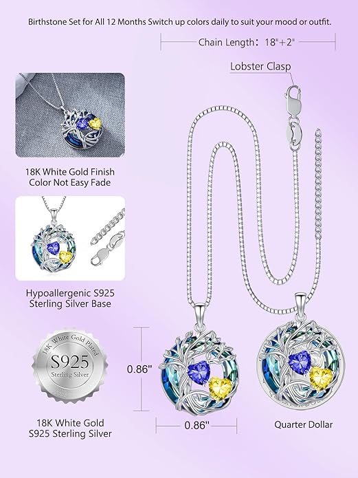 TOUPOP s925 Sterling Silver Family Celtic Tree of Life Pendant Necklaces with 2 Heart Birthstone with Blue Austrian Crystal Jewelry Birthday Anniversary Christmas Gifts for Her Wife Girlfriend Mom (18K Real White Gold Filled)