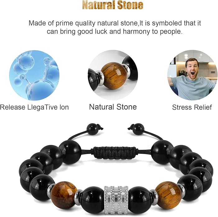 Hamoery Bracelets for Men Natural Tiger Eye Stone Beads Braided Rope Bracelet Gift for Dad Husband