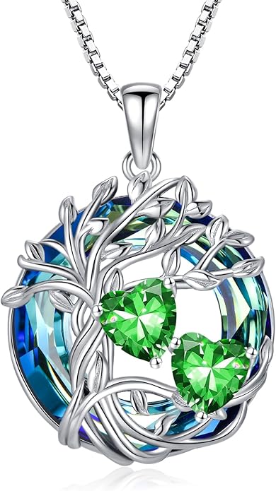 TOUPOP s925 Sterling Silver Family Celtic Tree of Life Pendant Necklaces with 2 Heart Birthstone with Blue Austrian Crystal Jewelry Birthday Anniversary Christmas Gifts for Her Wife Girlfriend Mom (18K Real White Gold Filled)