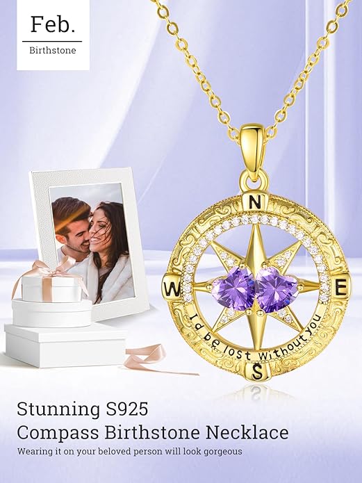 Zeuslia Double Birthstone Necklace Gifts for Wife - 925 Sterling Silver Sunflower/Rose/Crown Cross/Compass/Heart Pendant I Love You Necklace, Anniversary Birthday Gifts for Wife Girlfriend Mom Her