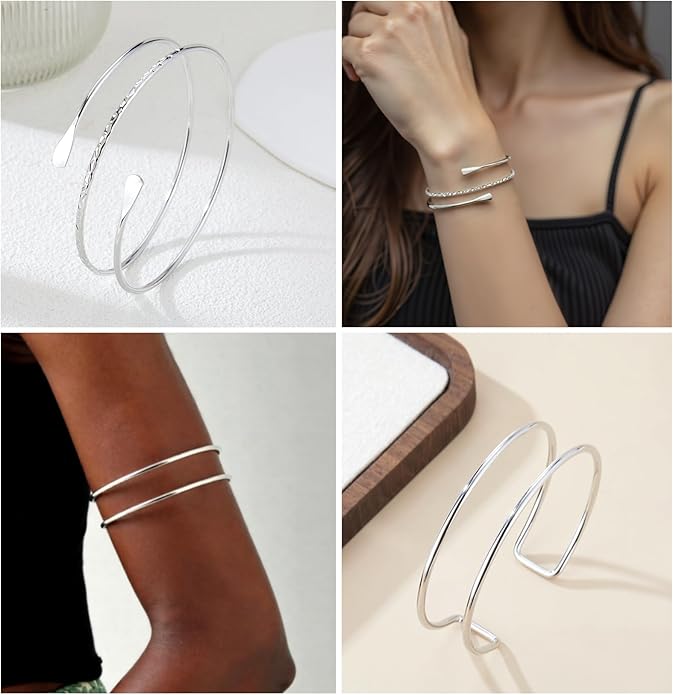 GANDC 8 Pcs Upper Arm Cuff Jewelry for Women Gold Silver Minimalist Arm Cuffs Bangle Band Armlet Adjustable Coil Armband Bracelet Set Jewelry