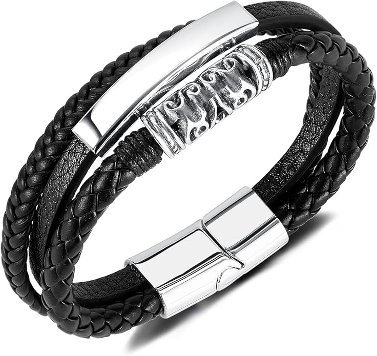 Italian Handmade Genuine Leather Bracelets for Men Stainless Steel Clip, Men's Casual Genuine Multi-layer Cuff Bracelet, Bracelet Gift for Real Men