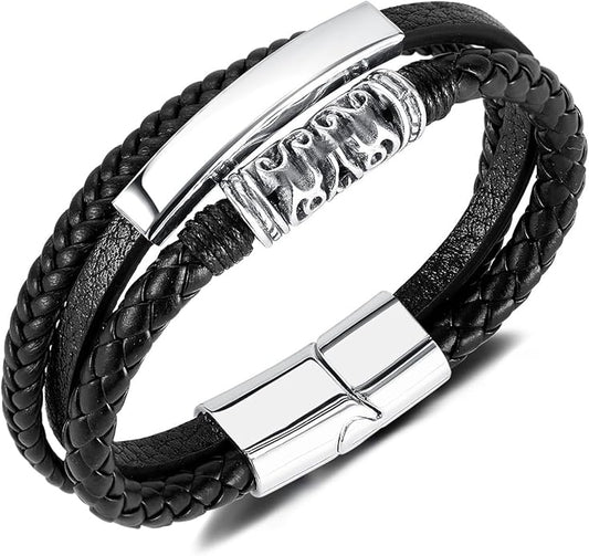 Italian Handmade Genuine Leather Bracelets for Men Stainless Steel Clip, Men's Casual Genuine Multi-layer Cuff Bracelet, Bracelet Gift for Real Men