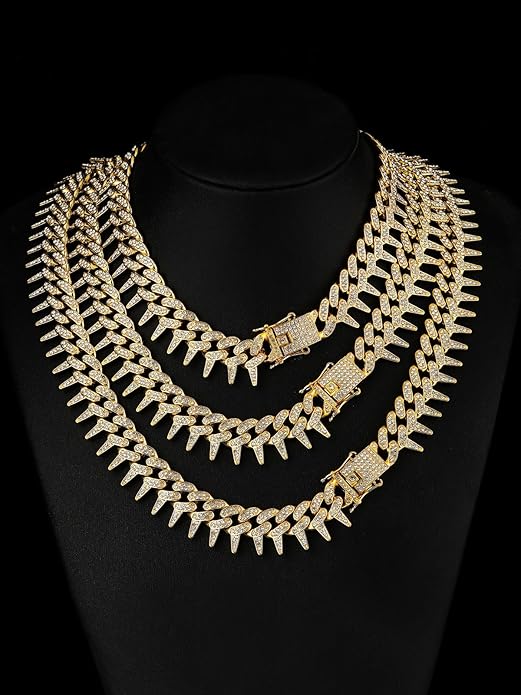 HH BLING EMPIRE Mens Gold Silver Plated Spike Cuban Link Chain Necklace and Bracelet Sets, Chunky Iced Out Diamond Miami Cuban Link Chains Hip Hop Jewelry