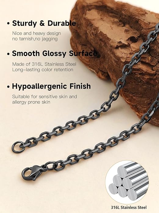 Hoyazvet Cable Chain Stainless Steel Necklace for Men Women, 3/5/8/10/13MM Width, 18K Gold Plated/Black Metal/316L Stainless Steel Sturdy Rolo Link Chain Necklace, 18-30inch Length