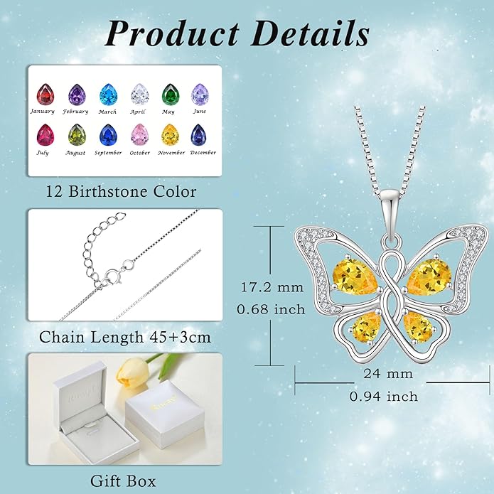 Butterfly Necklace 925 Sterling Silver Cubic Zirconia Birthstone Jewelry Gifts for Women Wife Mother