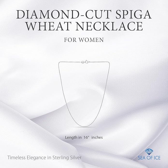 SEA OF ICE Italian Spiga Wheat Chain Necklace – Silver Chain Necklace for Women and Men – 925 Sterling Silver Spring Ring Locked Jewelry Chain – Multisize Silver Chain Unisex