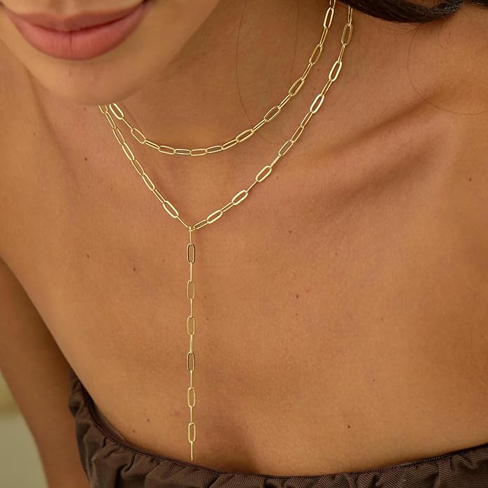 Lariat Necklace for Women, Dainty 14K Gold/Silver Plated Long Necklaces for Women Trendy Simple Layered Y-Shaped Drop Pendant Necklace Adjustable Gold Jewelry Gifts For Her Christmas Stocking Stuffer