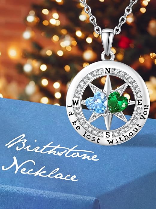 JIYVY32 Compass Birthstones Necklace for Women, Exquisite S925 Necklace Anniversary Birthday Gifts for Wife Her Double Birthstone Pendant jewelry ‘I'd be Lost Without You’