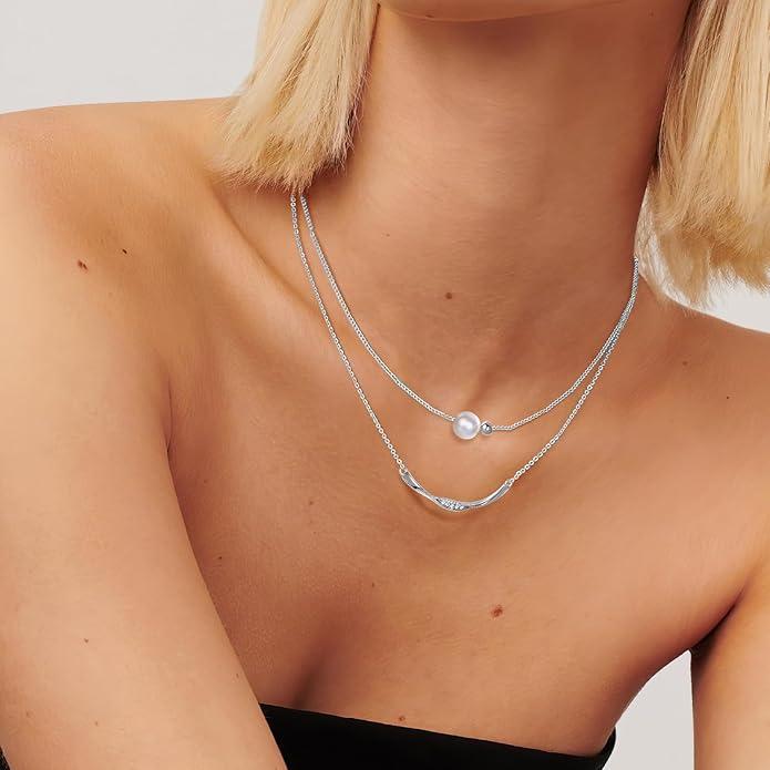 Copper Alloy 14K Gold Plated | 14K Platinum Plated Necklace for Women Double Layer Pendant Necklace Fashionable Multi-Layer Jewelry