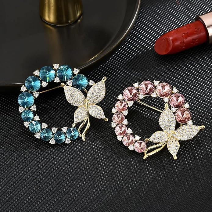 14K Gold Grand Butterfly Brooch with Crystal Embellishments, Circular Design Adorned with Natural Pearl, Luxurious and Elegant Pin for Stylish Attire