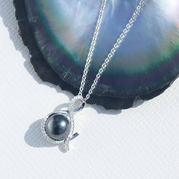 Genuine Tahitian Black Pearl Necklace for Women, 9-11mm AAAA Seawater Pearl with Sterling Silver Moissanite Pendant, Jewelry Gift for Wife, Mom, Girlfriend, Wedding Anniversary, Birthday, Christmas