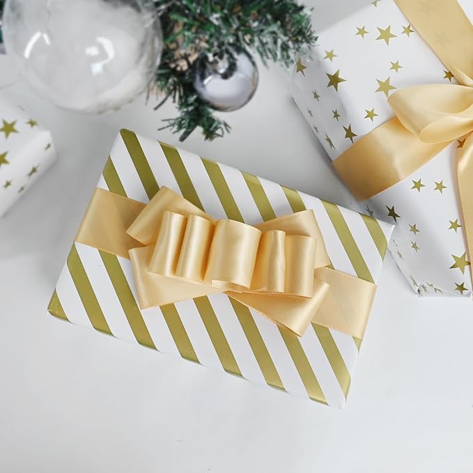 LEEQE Double Face Champagne Gold Satin Ribbon 1-1/2 inch X 50 Yards Polyester Champagne Gold Ribbon for Gift Wrapping Very Suitable for Weddings Party Hair Bow Invitation Decorations and More