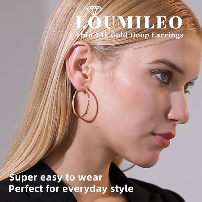 LOUMILEO 2mm Thin 925 Sterling Silver & 14k Gold Plated Hoop Earrings Large Silver Hoop Earrings Hypoallergenic Lightweight Hoops Earrings for Women 30/40/50/65MM