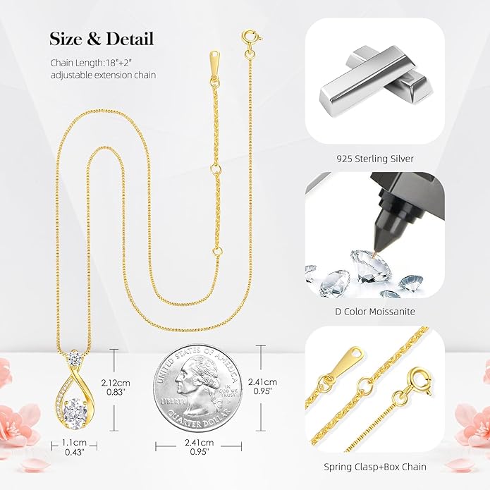 geweio 1.5CT Moissanite Infinity Pendant Necklace in Gift Box|Anniversary Wedding Gifts for Women Wife Her|S925 Sterling Silver 18K White Gold/Gold Filled|Jewelry for Birthday Christmas Valentines Day