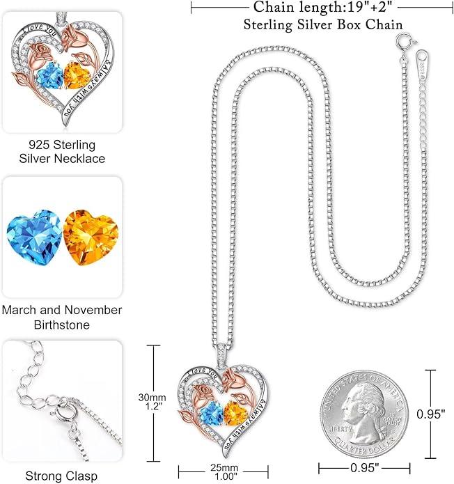 Iefil Birthstone Necklace for Women - 925 Sterling Silver Rose Heart Birthstone Necklace Birthday Anniversary Jewelry Gifts for Her Wife Mom Daughter