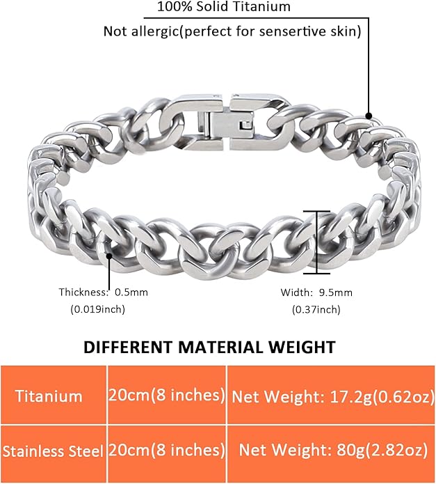 SanThree 9.5mm Solid Titanium Cuban Link Chain Bracelet for Men, Lightweight Skin-Friendly Hip Hop Bracelets for Birthday Graduation Friendship, 7"/7.5"/8",8.6"-9", Come with Gift Box