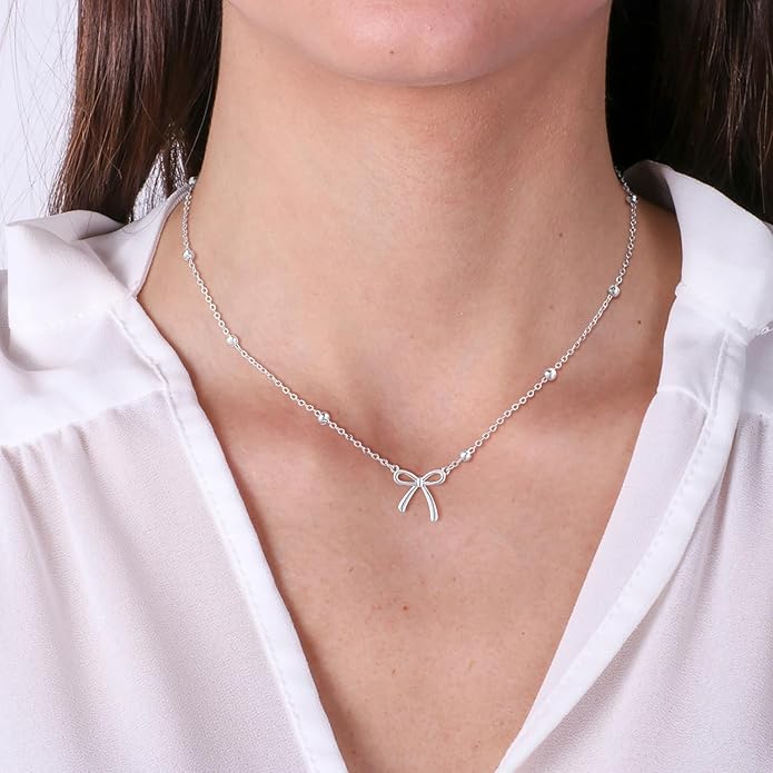 Gold Necklace for Women Dainty Bow Necklace 14K Gold Plated Cute Choker Necklace Small Bow Pendant Charm Necklaces Teen Gift Trendy Stuff Personalized Jewelry Gifts