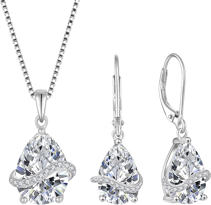 Teardrop Jewelry Set for Women 925 Sterling Silver Cubic Zirconia Necklace Dangle Drop Leverback Earrings April Birthstone Jewelry Gifts for Her