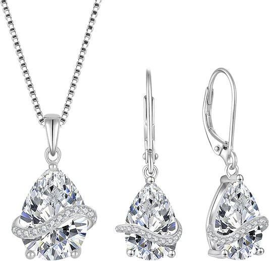 Teardrop Jewelry Set for Women 925 Sterling Silver Cubic Zirconia Necklace Dangle Drop Leverback Earrings April Birthstone Jewelry Gifts for Her