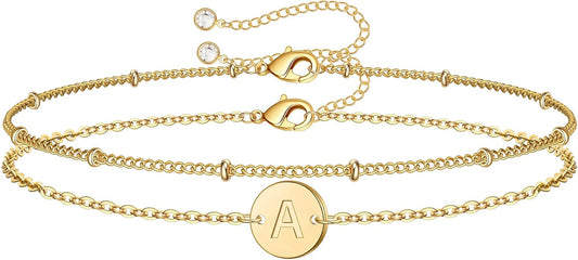 MONOZO Gold Initial Bracelets for Women Girls Christmas Gifts - Dainty 14K Gold Plated Layered Beaded Letter Initial Bracelet 26 Alphabet Disc Monogram Charm Bracelet Jewelry Christmas Gifts for Women