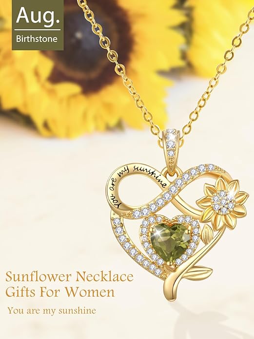 14K Gold Sunflower Heart Necklace for Women, You Are My Sunshine Jewelry with Birthstone Pendant, Anniversary Birthday Gifts for Her Wife Mom Grandma Daughter