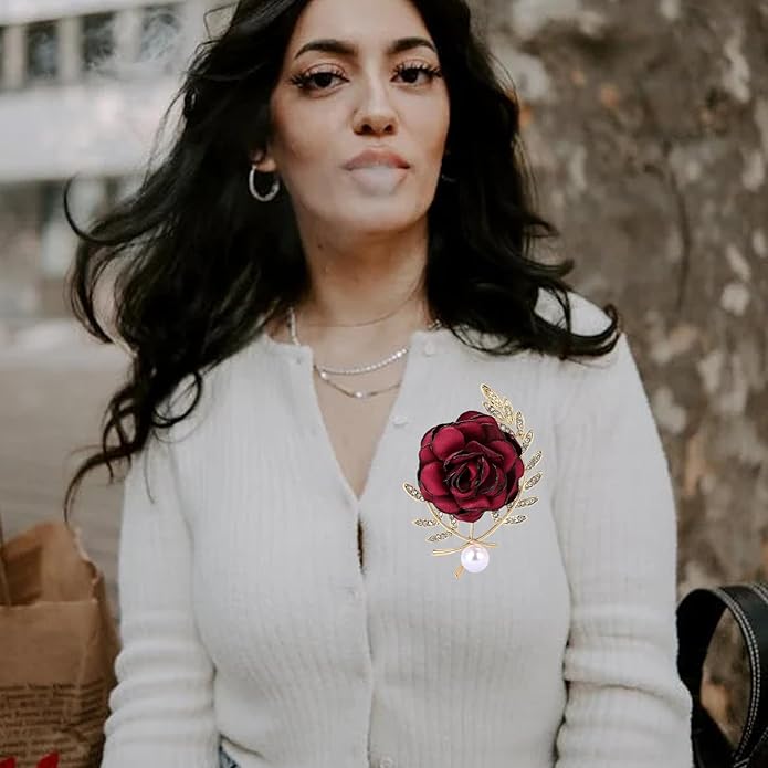 Rose Brooch for Women,Dainty Satin Fabric Flower Lapel Pins Vintage Elegant Pearl Brooches Handmade Crystal Pearl Pins Silk Camellia Safety Collar Pin Dress Suit Accessories Wedding Bridal Bouquet Jewelry