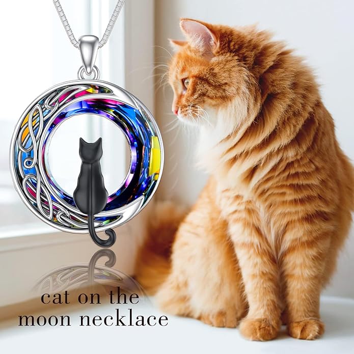 TOUPOP Christmas Cat Gifts for Cats Lovers One Two Three Four Cats Necklace Sterling Silver Cats on the Moon Pendant Necklace with Blue Circle Crystal Birthday Christmas Celtic Jewelry Gifts for Women